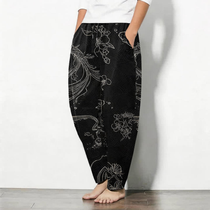 Buddha Stones Pure Cotton Koi Floral Wave Pattern Drawstring Men's Tapered Pants With Pockets - image 1