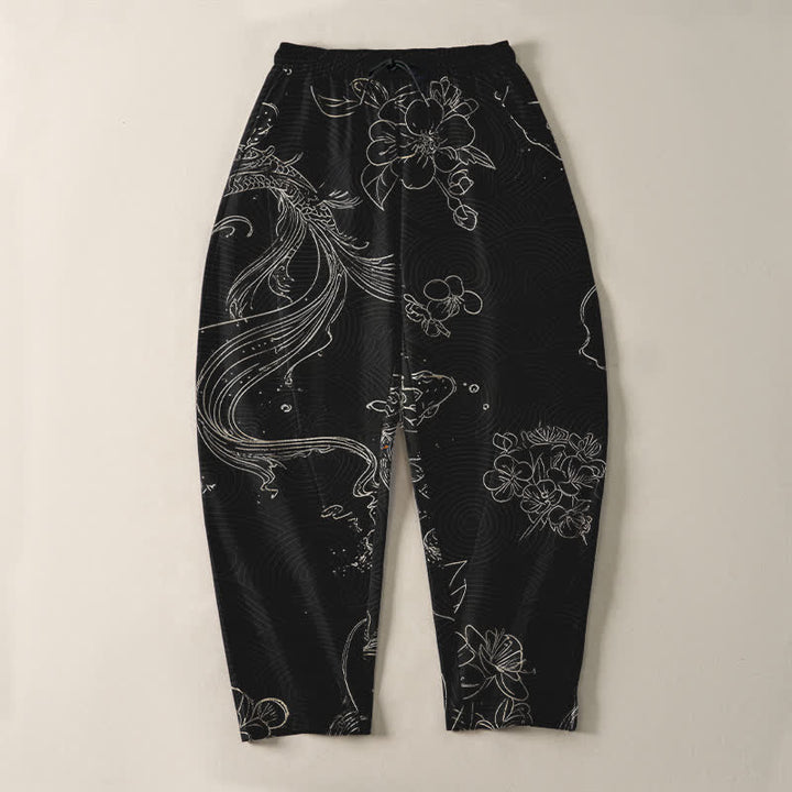 Buddha Stones Pure Cotton Koi Floral Wave Pattern Drawstring Men's Tapered Pants With Pockets - image 2