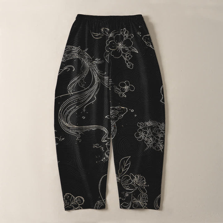 Buddha Stones Pure Cotton Koi Floral Wave Pattern Drawstring Men's Tapered Pants With Pockets - image 3