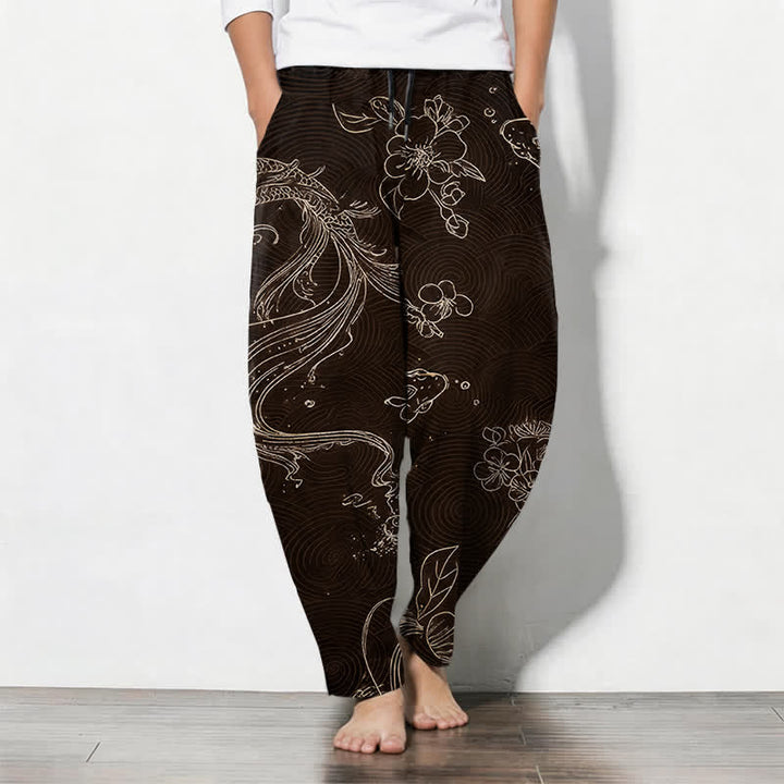 Buddha Stones Pure Cotton Koi Floral Wave Pattern Drawstring Men's Tapered Pants With Pockets - SaddleBrown - US/UK/AU50，EU60 (5XL) - image 7