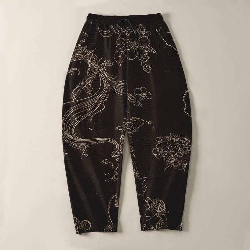 Buddha Stones Pure Cotton Koi Floral Wave Pattern Drawstring Men's Tapered Pants With Pockets - image 9