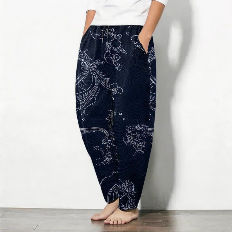 Buddha Stones Pure Cotton Koi Floral Wave Pattern Drawstring Men's Tapered Pants With Pockets - image 12