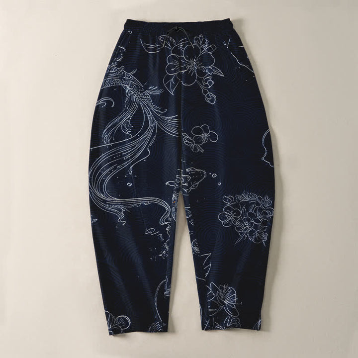 Buddha Stones Pure Cotton Koi Floral Wave Pattern Drawstring Men's Tapered Pants With Pockets - image 13