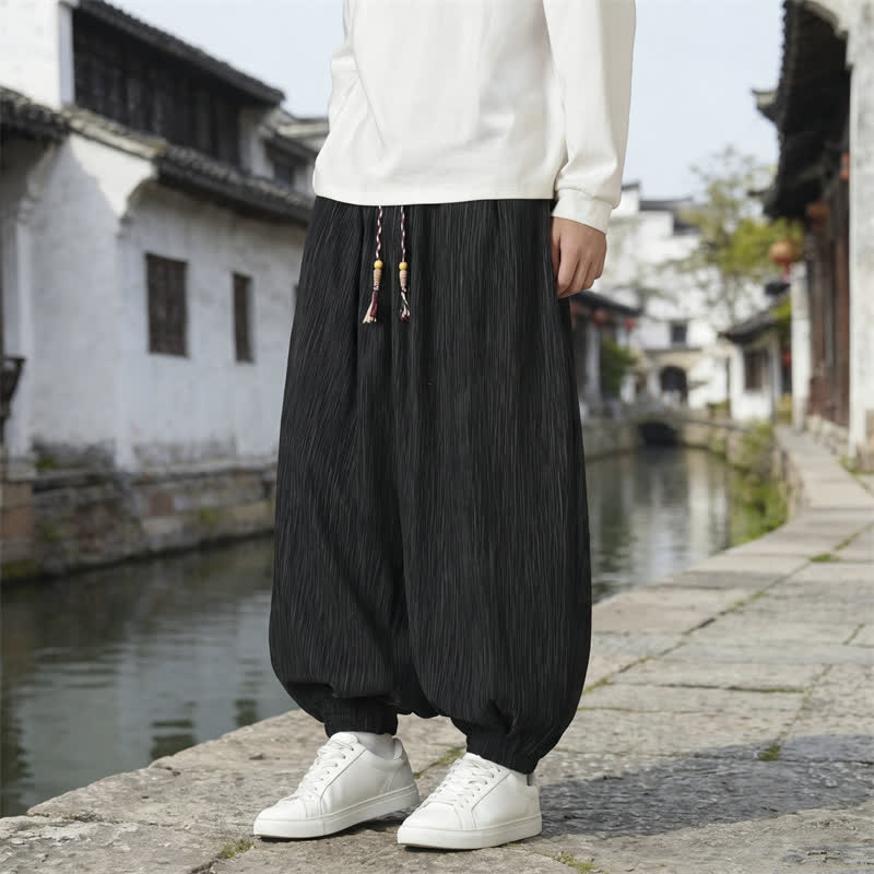 Buddha Stones Spring Fall Casual Vintage Drawstring Solid Ankle Pants Men's Harem Pants With Pockets - Black - Regular - US/UK/AU48，EU58 (6XL) - image 7