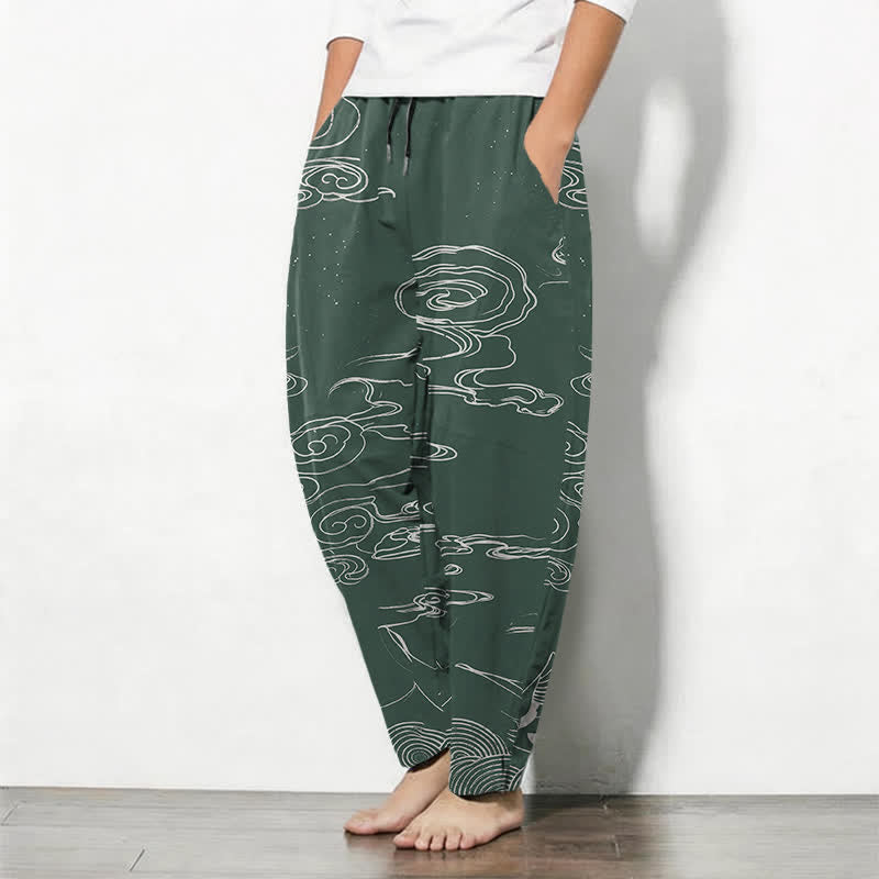 Buddha Stones Pure Cotton Auspicious Cloud Crane Pattern Drawstring Men's Tapered Pants With Pockets - image 1