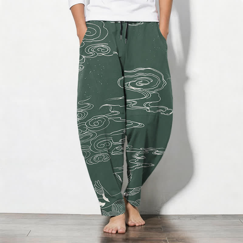 Buddha Stones Pure Cotton Auspicious Cloud Crane Pattern Drawstring Men's Tapered Pants With Pockets - MediumSeaGreen - US/UK/AU50，EU60 (5XL) - image 0