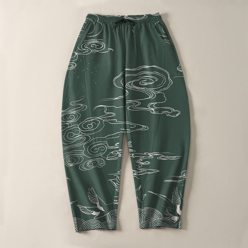 Buddha Stones Pure Cotton Auspicious Cloud Crane Pattern Drawstring Men's Tapered Pants With Pockets - image 2