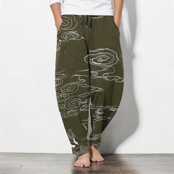 Buddha Stones Pure Cotton Auspicious Cloud Crane Pattern Drawstring Men's Tapered Pants With Pockets - DarkOliveGreen - US/UK/AU50，EU60 (5XL) - image 7