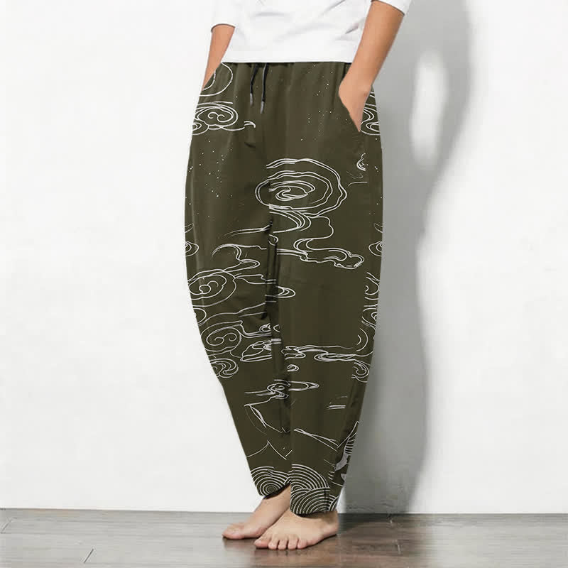 Buddha Stones Pure Cotton Auspicious Cloud Crane Pattern Drawstring Men's Tapered Pants With Pockets - image 8