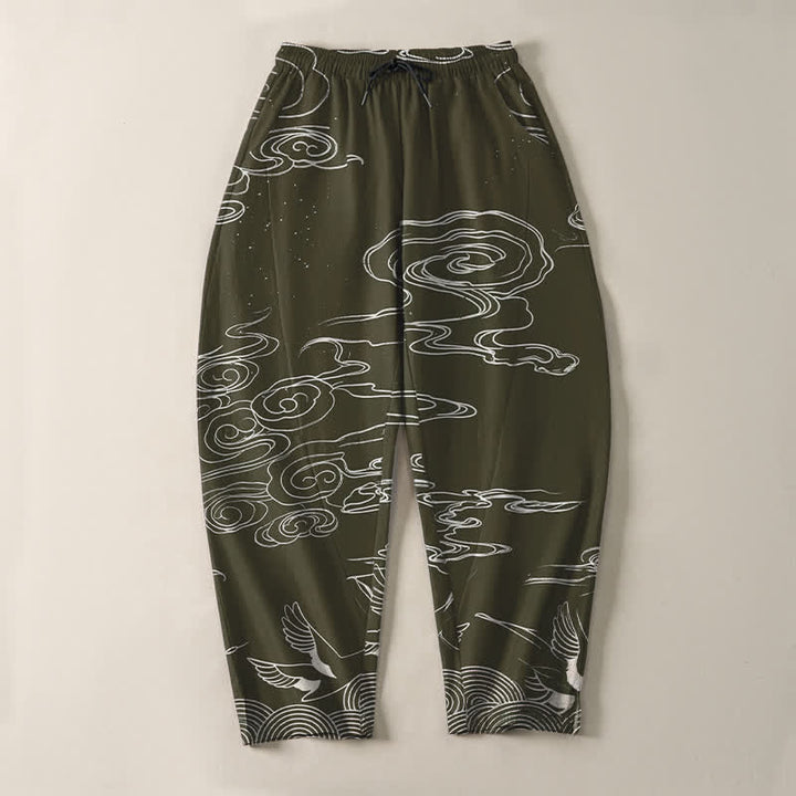 Buddha Stones Pure Cotton Auspicious Cloud Crane Pattern Drawstring Men's Tapered Pants With Pockets - image 9