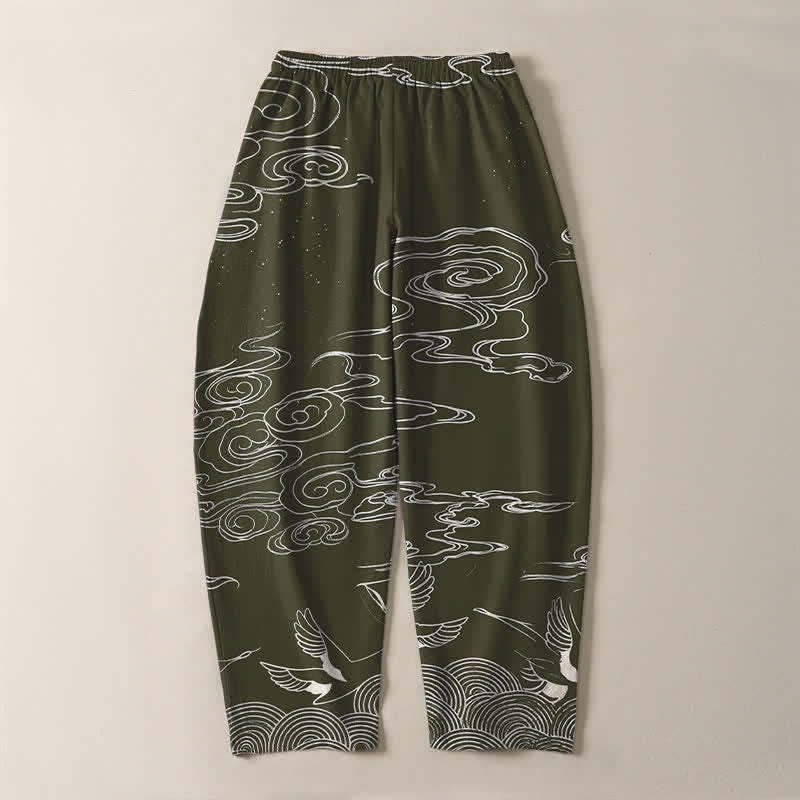 Buddha Stones Pure Cotton Auspicious Cloud Crane Pattern Drawstring Men's Tapered Pants With Pockets - image 10
