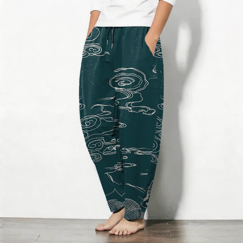 Buddha Stones Pure Cotton Auspicious Cloud Crane Pattern Drawstring Men's Tapered Pants With Pockets - image 12