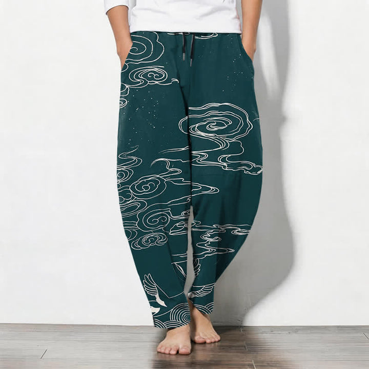 Buddha Stones Pure Cotton Auspicious Cloud Crane Pattern Drawstring Men's Tapered Pants With Pockets - Teal - US/UK/AU50，EU60 (5XL) - image 11