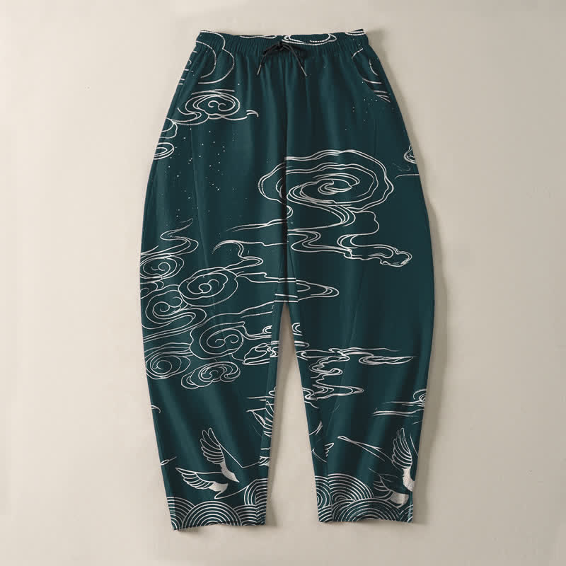 Buddha Stones Pure Cotton Auspicious Cloud Crane Pattern Drawstring Men's Tapered Pants With Pockets - image 13