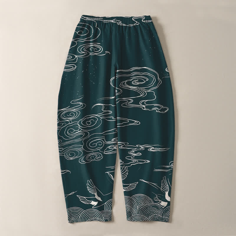 Buddha Stones Pure Cotton Auspicious Cloud Crane Pattern Drawstring Men's Tapered Pants With Pockets - image 14