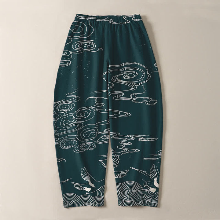 Buddha Stones Pure Cotton Auspicious Cloud Crane Pattern Drawstring Men's Tapered Pants With Pockets - image 14