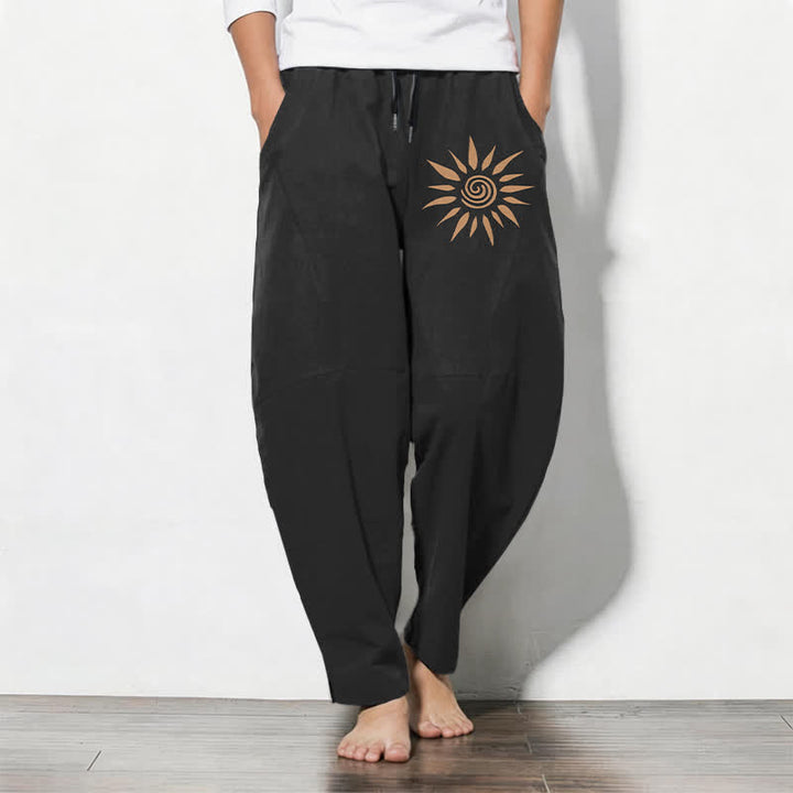 Buddha Stones Pure Cotton Sun Spiral Pattern Drawstring Men's Tapered Pants With Pockets - Black - US/UK/AU50，EU60 (5XL) - image 0