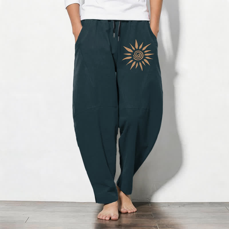Buddha Stones Pure Cotton Sun Spiral Pattern Drawstring Men's Tapered Pants With Pockets - Teal - US/UK/AU50，EU60 (5XL) - image 7