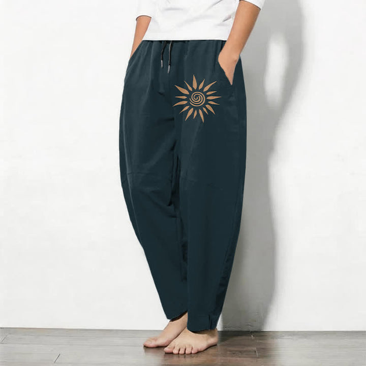 Buddha Stones Pure Cotton Sun Spiral Pattern Drawstring Men's Tapered Pants With Pockets - image 8