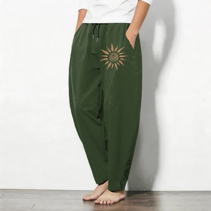 Buddha Stones Pure Cotton Sun Spiral Pattern Drawstring Men's Tapered Pants With Pockets - image 12