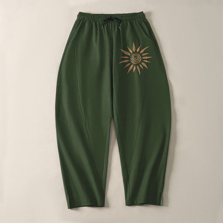 Buddha Stones Pure Cotton Sun Spiral Pattern Drawstring Men's Tapered Pants With Pockets - image 13