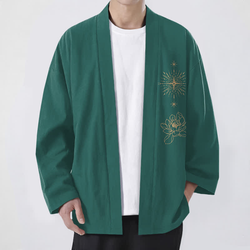 Buddha Stones Cotton Radiant Lotus Starburst Pattern Open Front Men's Kimono - Teal - US/UK/AU48，EU58 (4XL) - image 9