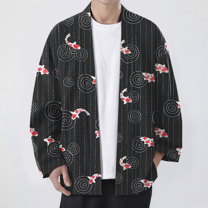 Buddha Stones Cotton Koi Ripple Pattern Open Front Men's Kimono - Black - US/UK/AU48，EU58 (4XL) - image 6