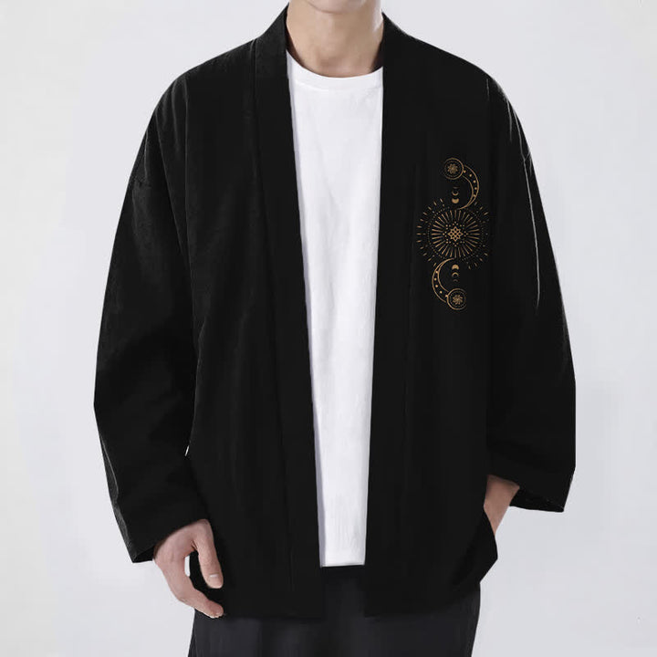 Buddha Stones Cotton Celestial Moon Phase Sun Pattern Open Front Men's Kimono - Black - US/UK/AU48，EU58 (4XL) - image 6