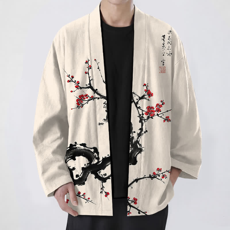 Buddha Stones Cotton Ink Plum Blossom Pattern Open Front Men's Kimono - Beige - US/UK/AU48，EU58 (4XL) - image 0