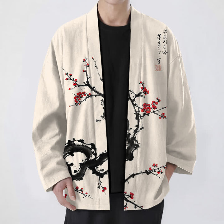 Buddha Stones Cotton Ink Plum Blossom Pattern Open Front Men's Kimono - Beige - US/UK/AU48，EU58 (4XL) - image 0