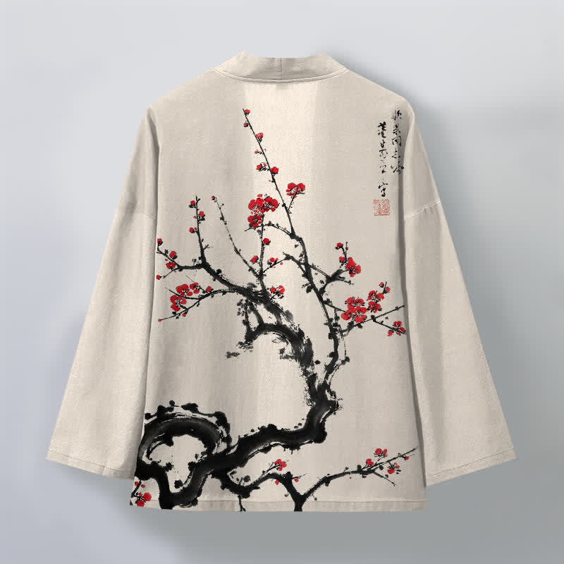 Buddha Stones Cotton Ink Plum Blossom Pattern Open Front Men's Kimono - image 2