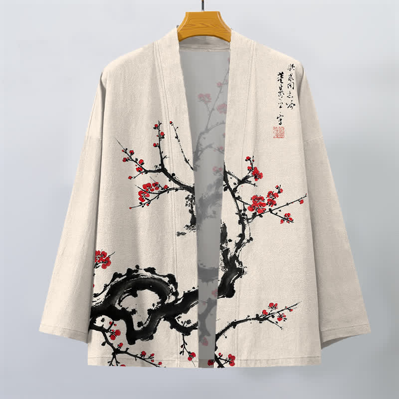 Buddha Stones Cotton Ink Plum Blossom Pattern Open Front Men's Kimono - image 1