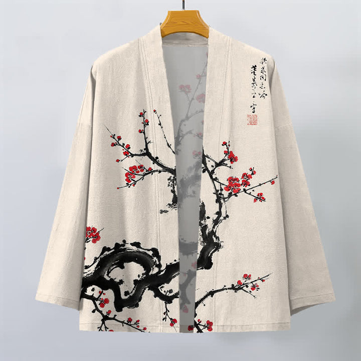 Buddha Stones Cotton Ink Plum Blossom Pattern Open Front Men's Kimono - image 1