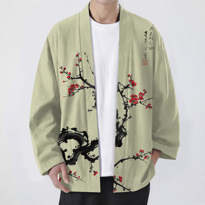 Buddha Stones Cotton Ink Plum Blossom Pattern Open Front Men's Kimono - GreenYellow - US/UK/AU48，EU58 (4XL) - image 6