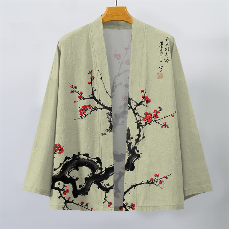 Buddha Stones Cotton Ink Plum Blossom Pattern Open Front Men's Kimono - image 7
