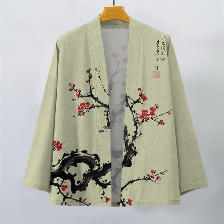 Buddha Stones Cotton Ink Plum Blossom Pattern Open Front Men's Kimono - image 7