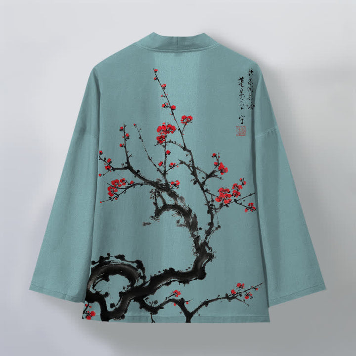 Buddha Stones Cotton Ink Plum Blossom Pattern Open Front Men's Kimono - image 11