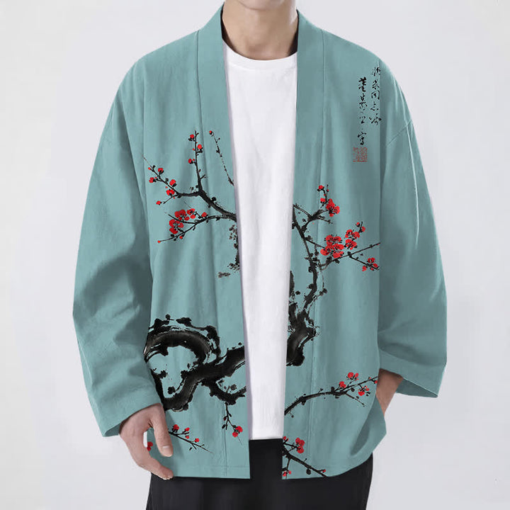 Buddha Stones Cotton Ink Plum Blossom Pattern Open Front Men's Kimono - Turquoise - US/UK/AU48，EU58 (4XL) - image 9