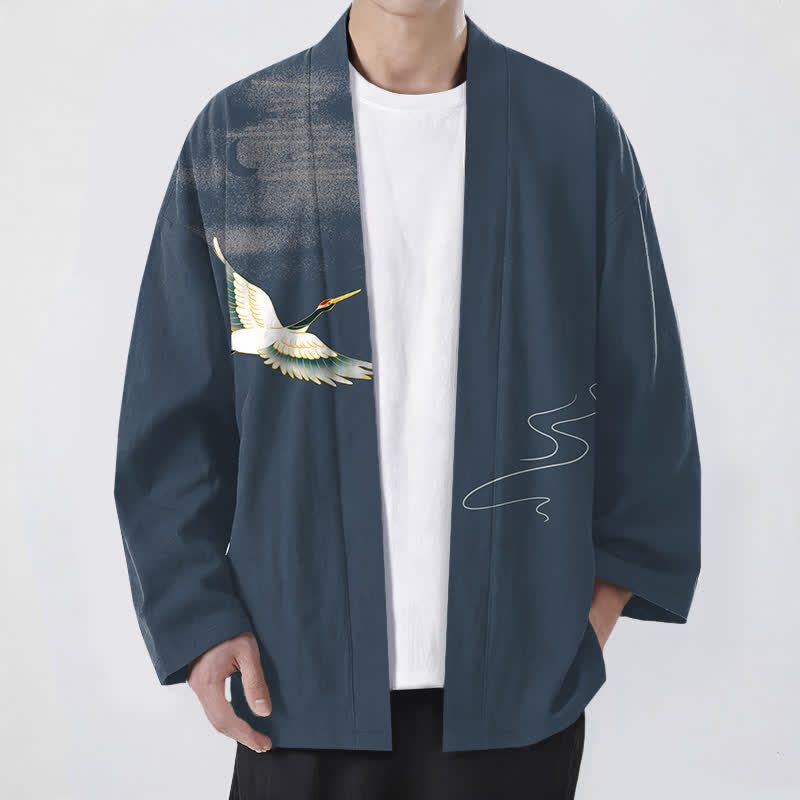 Buddha Stones Cotton Crane Moon Waves Pattern Open Front Men's Kimono - SteelBlue - US/UK/AU48，EU58 (4XL) - image 0