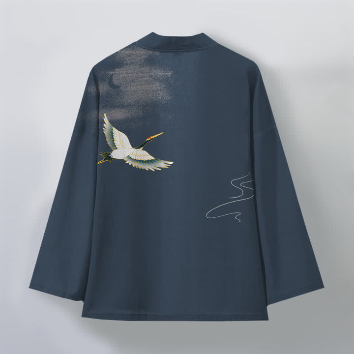 Buddha Stones Cotton Crane Moon Waves Pattern Open Front Men's Kimono - image 2