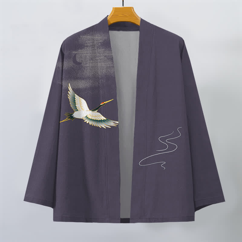 Buddha Stones Cotton Crane Moon Waves Pattern Open Front Men's Kimono - image 7