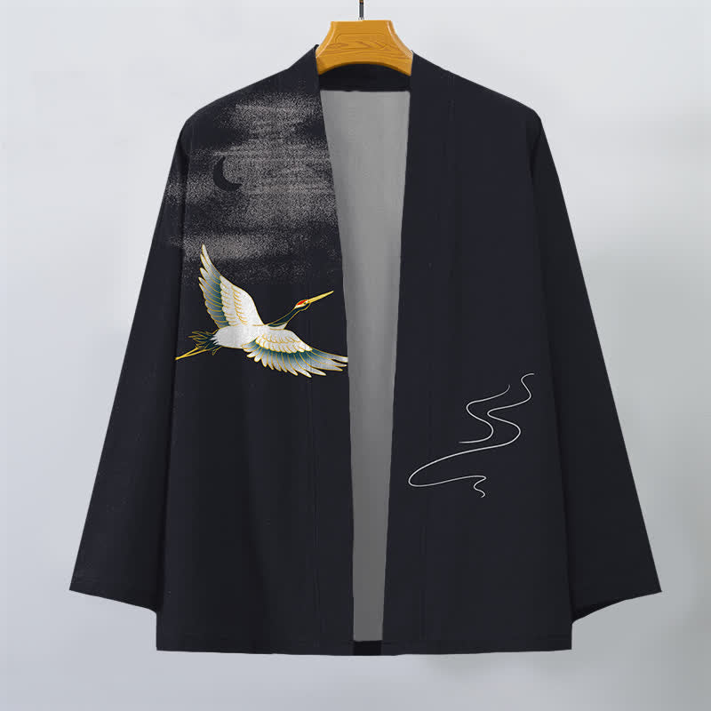Buddha Stones Cotton Crane Moon Waves Pattern Open Front Men's Kimono - image 10