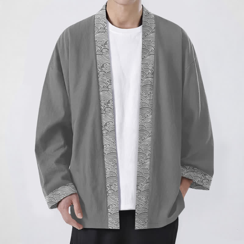 Buddha Stones Cotton Ocean Wave Trim Pattern Open Front Men's Kimono - Gray - US/UK/AU48，EU58 (4XL) - image 6