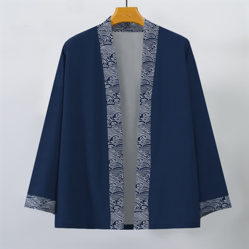 Buddha Stones Cotton Ocean Wave Trim Pattern Open Front Men's Kimono - image 1