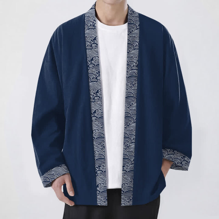 Buddha Stones Cotton Ocean Wave Trim Pattern Open Front Men's Kimono - Navy - US/UK/AU48，EU58 (4XL) - image 0