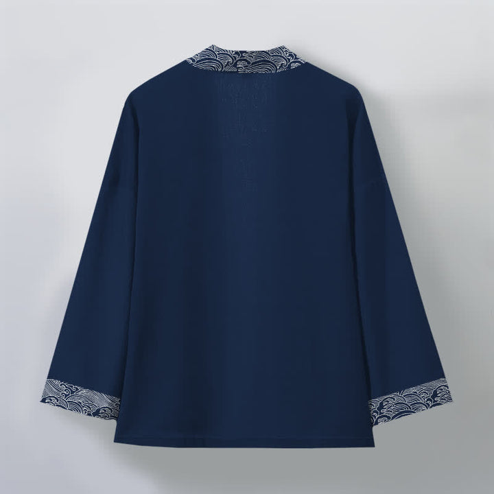 Buddha Stones Cotton Ocean Wave Trim Pattern Open Front Men's Kimono - image 2