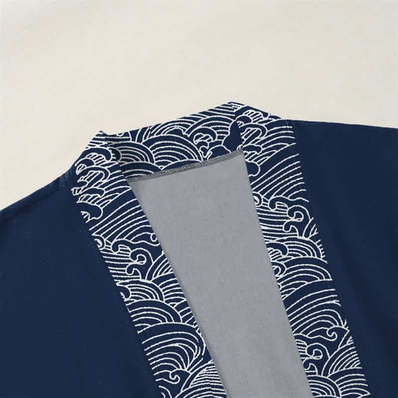 Buddha Stones Cotton Ocean Wave Trim Pattern Open Front Men's Kimono - image 3