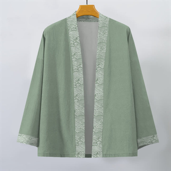 Buddha Stones Cotton Ocean Wave Trim Pattern Open Front Men's Kimono - image 10