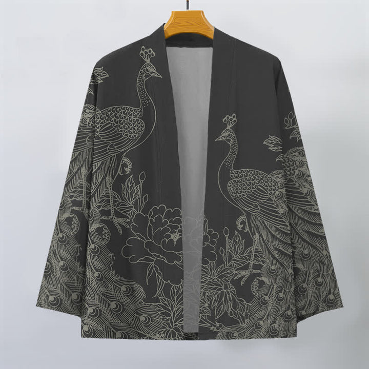 Buddha Stones Cotton Peacock Peony Line Art Pattern Open Front Men's Kimono - image 1