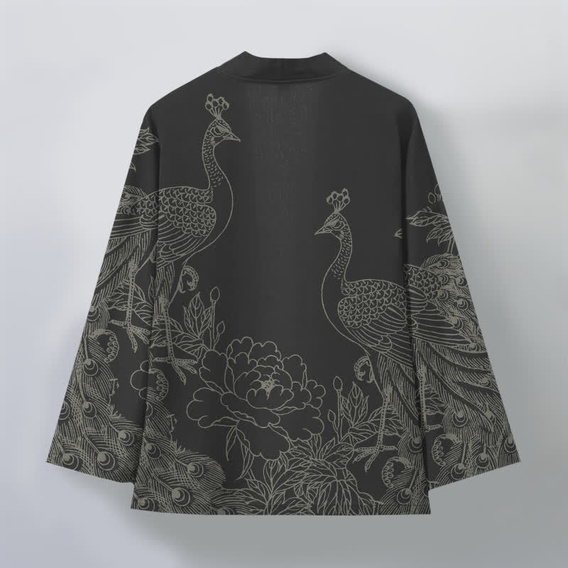 Buddha Stones Cotton Peacock Peony Line Art Pattern Open Front Men's Kimono - image 2